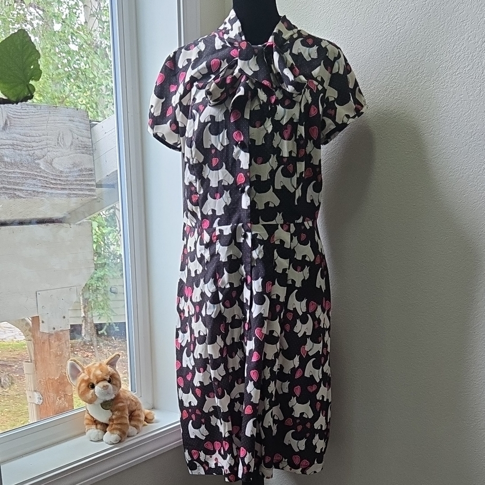 Hell Bunny Black and Pink Scottie Dog Print Midi Dress